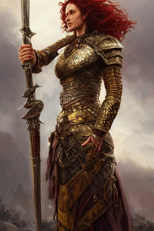 Prompt: full body portrait of a rugged female warrior short length red curly hair and a very highly detailed face wearing elegant obsidian, sliver and gold plate mail armor intricately painted, holding an ancient two hand great sword, very highly detailed, artstation, cgsociety, realistic character concept art, sharp focus, by greg rutkowski, artgerm, and alphonse mucha