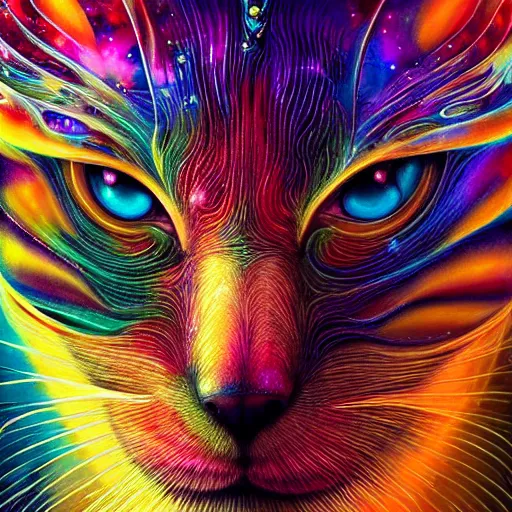 Image similar to a galaxy colored psychedelic chakra awakening kundalini ethereal portrait of a cat, eternal blessing, multiverse, by android jones, by ben ridgeway, visionary art, by artgerm, featured on artstation, cgsociety, by greg rutkowski