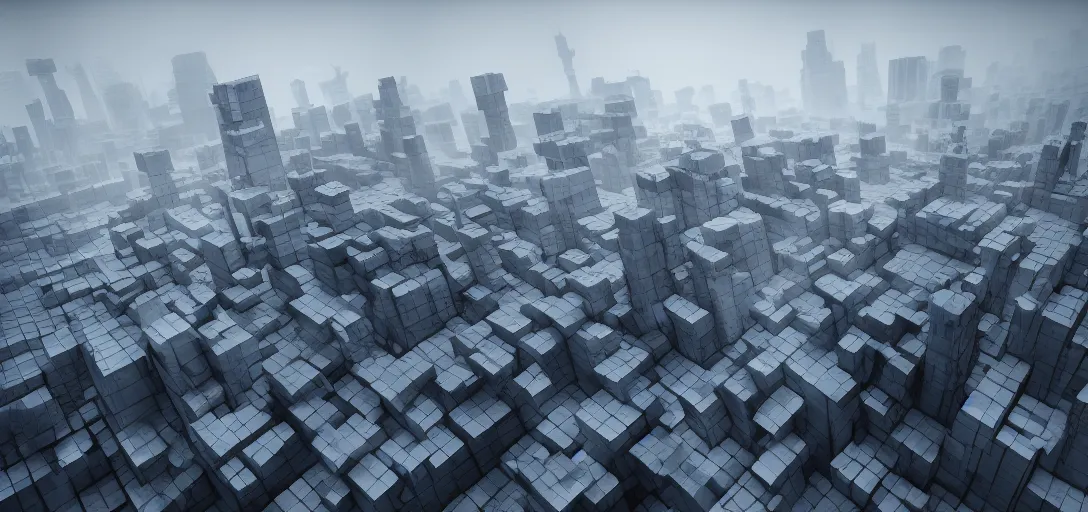 Prompt: dramatic view of giant cuboid megatropolis structure at day, giant towering pillars, colored fog,, unreal engine, dramatic lighting, detailed, ambient occlusion, global illumination, god rays, 3 d artstation render by annibale siconolfi and paul chadeisson