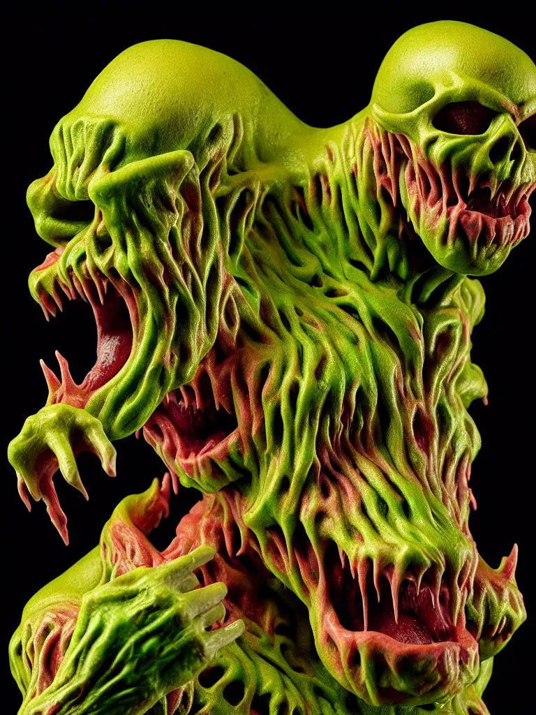 Prompt: hyperrealistic subsurface scattering rendering, fat smooth wet cronenberg flesh monster kaiju with smooth skull and ribcages kaiju by art of skinner and richard corben and jeff easley, product photography, action figure, sofubi, studio lighting, colored gels