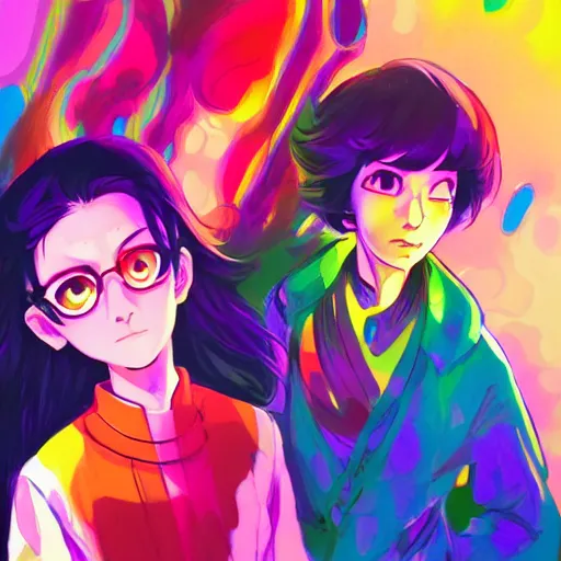 Prompt: Tanjiro Kamado and Nezuko Kamado; psychedelic; 4K; anime; artstation; art style of Ross Tran and Ilya Kuvshinov; LSD; rainbow