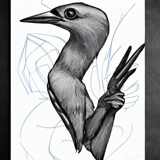 Prompt: an illustration of a bird wirh arms, stylized, trending on artstation, award winning, very very very very very beautiful