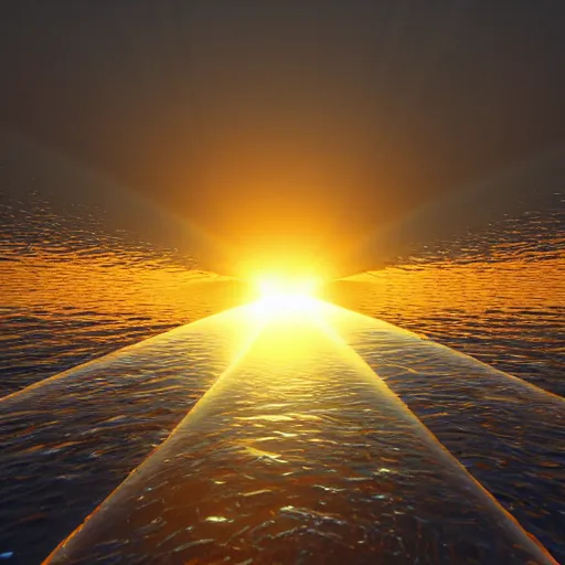 Prompt: shards of glass shining with the sun light, sunset, river, unreal engine 4, octane render
