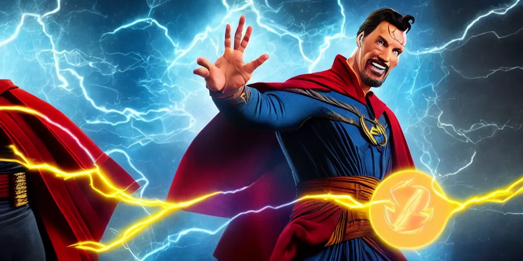 Prompt: a 8K cartoon digital art of the rock as doctor strange combined with the flash in the style of digital art cartoon 8K cartoon, cinematic, detailed 8K, inspiring, full body camera shot