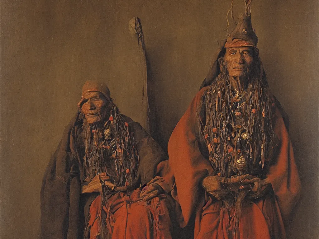 Image similar to portrait of an old Ayahuasca shaman. Painting by Jan van Eyck, August Sander.