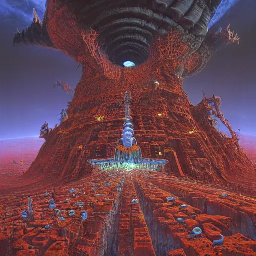 Prompt: a hybrid of the mandelbox and a barren hellscape populated by demons, illustrated by thomas kincade and wayne douglas barlowe and chris foss, digital art, trending on artstation