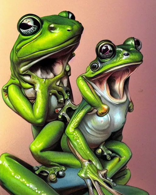 Prompt: two happy frogs by peter andrew jones, hyper detailed