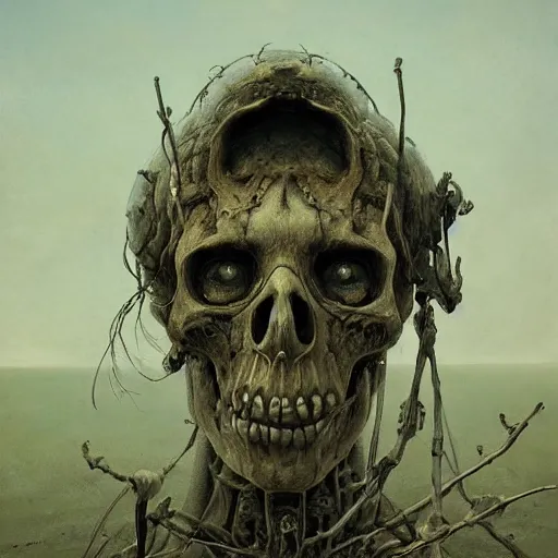 Image similar to A portrait of Skeleton by Zdzisław Beksiński and Ilya Repin,In style of Post-Apocalyptic.digital art, illustration,hyper detailed,smooth, sharp focus,trending on artstation,oil on the canvas,4k