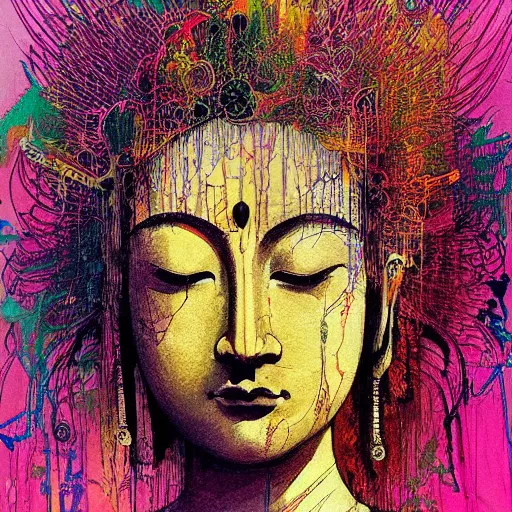 Prompt: contented female bodhisattva, praying meditating, realism, elegant, intricate, portrait illustration by Carne Griffiths and David Cronenberg