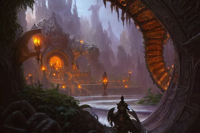 Image similar to path to the crocodile god lair, deep focus, d & d, fantasy, intricate, elegant, highly detailed, digital painting, artstation, concept art, matte, sharp focus, illustration, hearthstone, art by artgerm and greg rutkowski and alphonse mucha