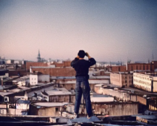 Image similar to lomo photo of man standing on the roof of soviet hrushevka, small town, cinestill, bokeh, out of focus