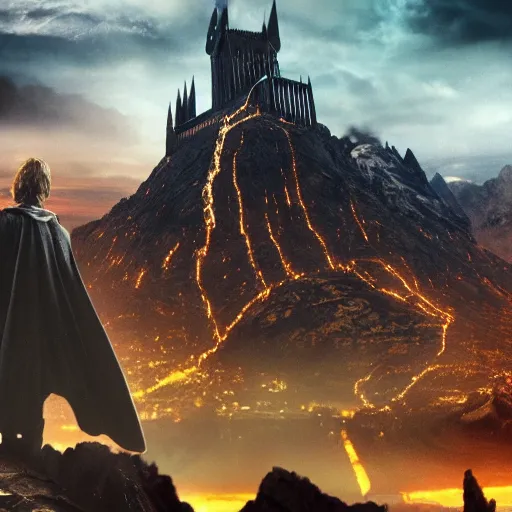 Image similar to harry potter taking a golden ring to mordor, mordor as a bustling city, extremely detailed, sharp focus, skyline, vast, gothic, lord of the rings, mount doom, 4 k, fantasy, concept art, gritty