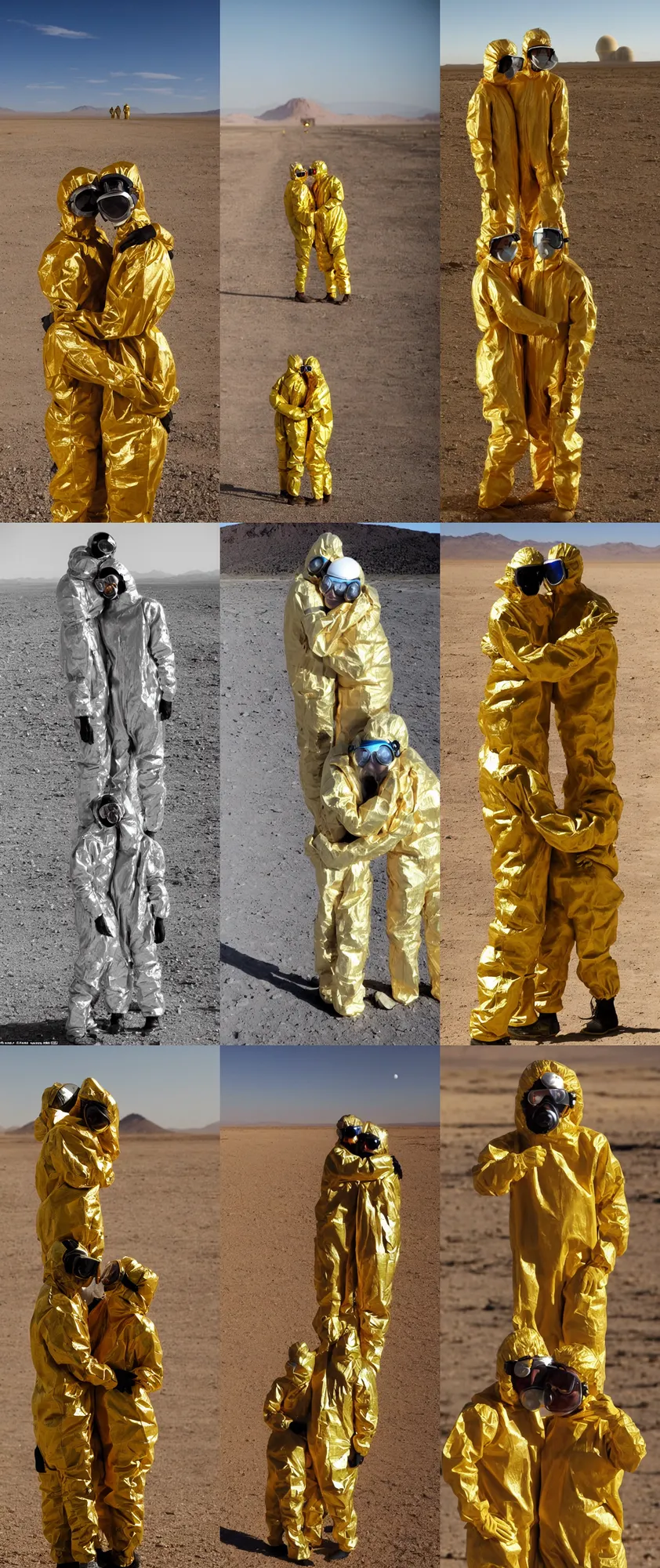 Prompt: a couple hugging and looking at each other wearing full-body golden reflective hazmat suit and protective glasses in a loving way in a desert, in a sunny day, dramatic lighting, atomic bomb blast in the background