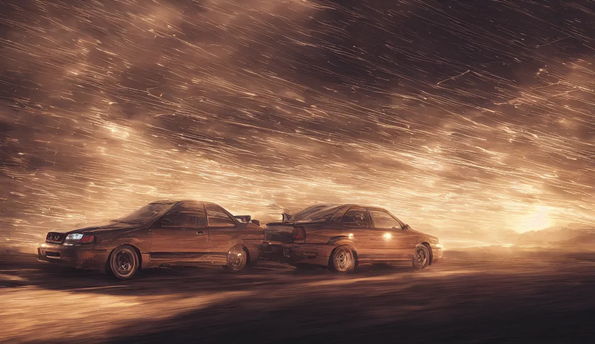 Image similar to detailed intricate digital landscape illustration by greg rutkowski and artgerm and wlop and sanford robinson gifford ; 1 9 9 4 subaru wrx sti driving in a beautiful windy city with long exposure light streaks ; 1 3 mm film, arri alfa anamorphic lens ; sharp focus, golden hour lighting, trending on artstation 4 k