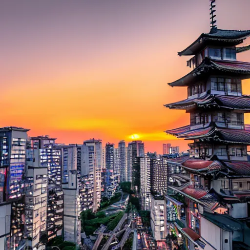 Image similar to Neo Tokyo, main building, sunset