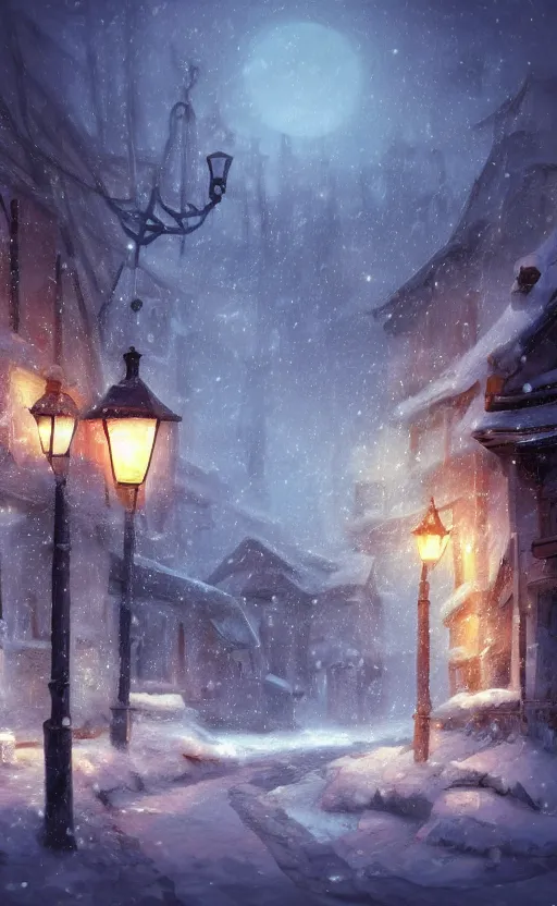 Image similar to a blurry ambient lantern in the distance of a snowy village at night, dynamic lighting, ambient lighting, atmospherical, photorealistic fantasy concept art, trending on art station, stunning visuals, creative, cinematic, ultra detailed