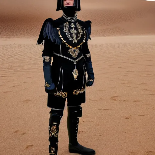 Image similar to medium face shot of adult Austin Butler dressed in futuristic-baroque black-prussian blue garb with Griffin-Ram embroidery emblem, and nanocarbon-vest and greaves, standing in an arena in Dune 2021, XF IQ4, f/1.4, ISO 200, 1/160s, 8K, face in-frame