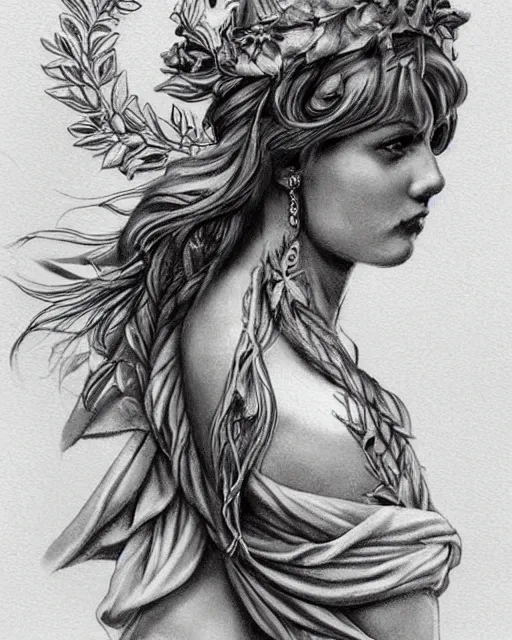 Prompt: realism tattoo sketch of a beautiful greek goddess aphrodite wearing a laurel wreath and arrowhead earrings, beautiful confident eyes, beautiful flowing hair, hyper realistic face, in the style of artgerm, fantasy, amazing detail, epic, elegant, smooth, sharp focus, from the front, long shot