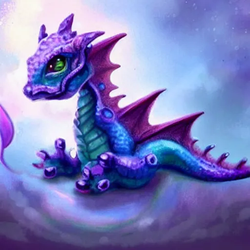 Image similar to adorable baby dragon, the dragon is purple and glittery, big eyes, fantasy concept art, pastels, ethereal fairytale, kawaii