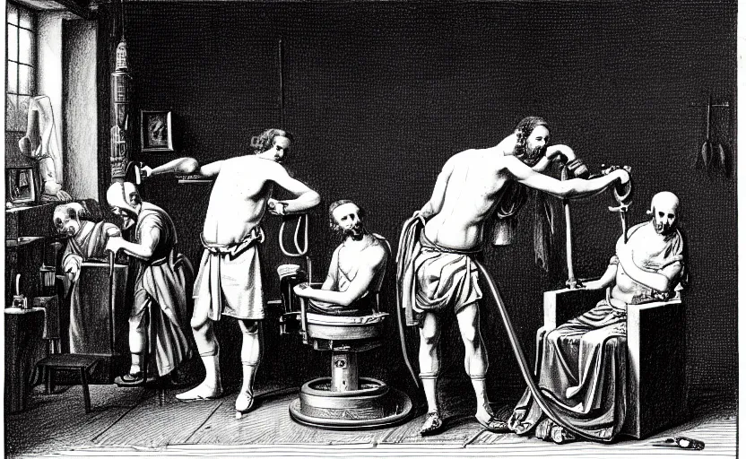 Prompt: a drawing of a man getting a haircut by friedrich schroder - sonnenstern h 8 0 0