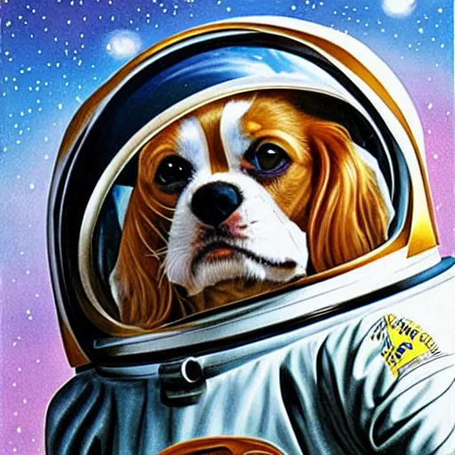 Image similar to cavalier king charles spaniel, wearing an astronaut helmet, on the moon, art by artgerm and david a hardy