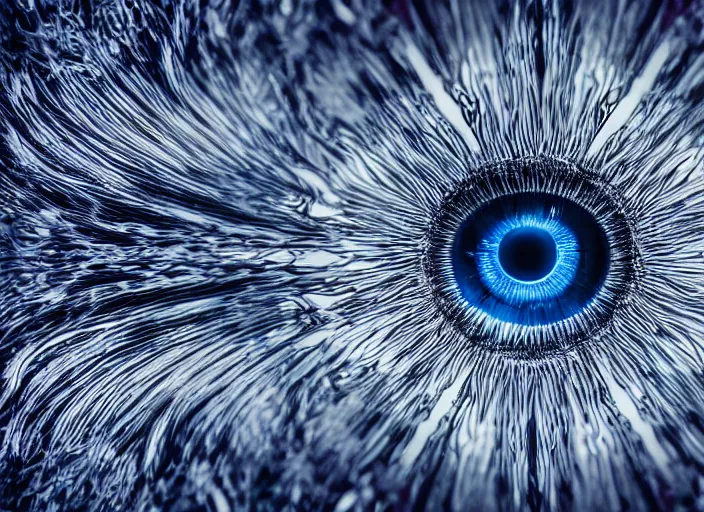Image similar to macro photo of a eye with big blue fractal iris , detailed, photorealistic , macro photography