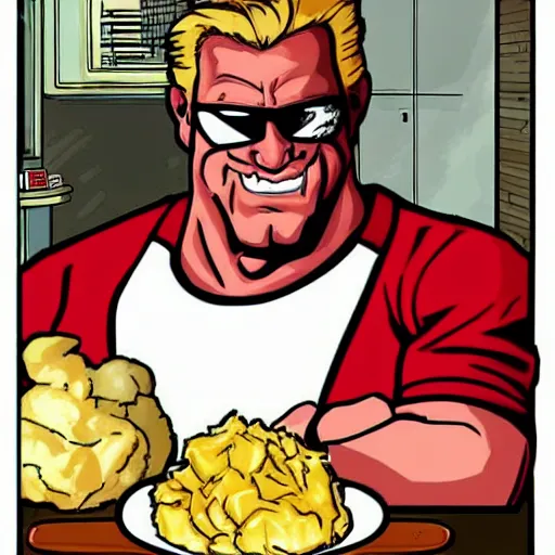 Image similar to Duke Nukem with a plate of mashed potatoes, red shirt, smug look, Duke Nukem art style