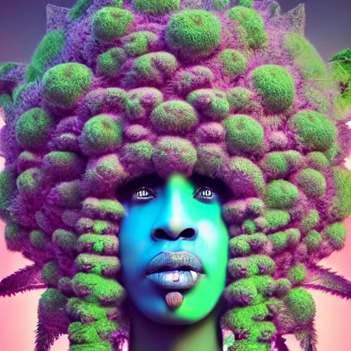 Image similar to an african marijuanna! shaman with an afro made of flowers, third eye art art by machina infinitum, complexity from simplicity, rendered in octane, mandelbulb 3 d, ambient occlusion, radiant lighting, macro photography, felt!!! texture, tribal, pastel! retrowave