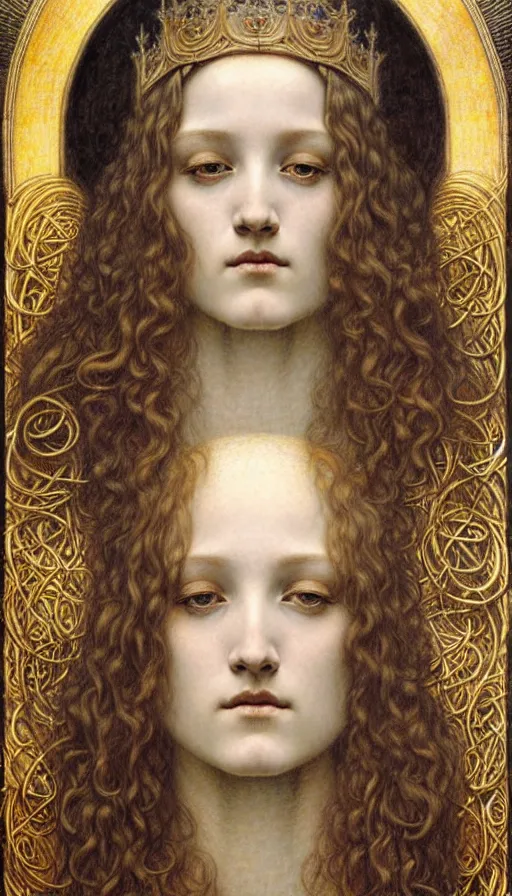 Image similar to detailed realistic beautiful young medieval queen face portrait by jean delville, gustave dore and marco mazzoni, art nouveau, symbolist, visionary, gothic, pre - raphaelite. horizontal symmetry