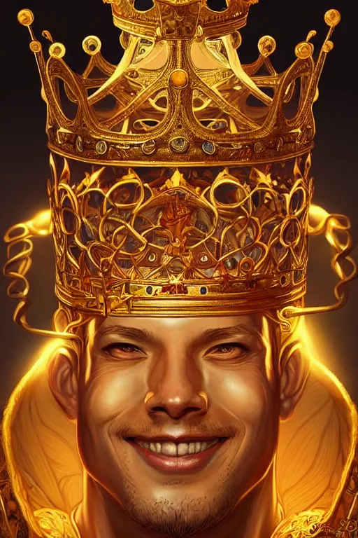 Image similar to digital art, centered full body of an smiling king, golden crown, ,intricate, veins, by James Jean and by artgerm , ultradetailed, charachter design, concept art, trending on artstation,