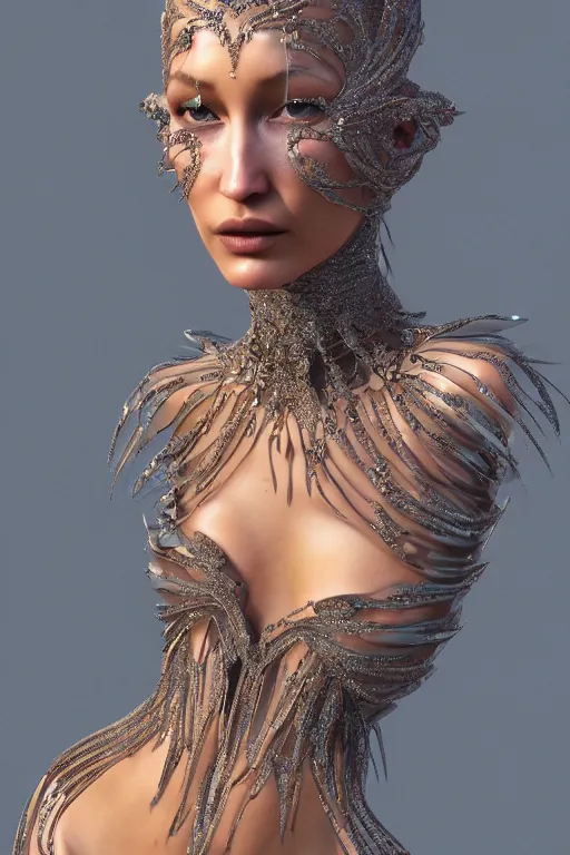 Image similar to a highly detailed 4 k render of a beautiful dmt alien goddess bella hadid in iris van herpen dress schiaparelli in diamonds in style of alphonse mucha trending on artstation made in unreal engine 4