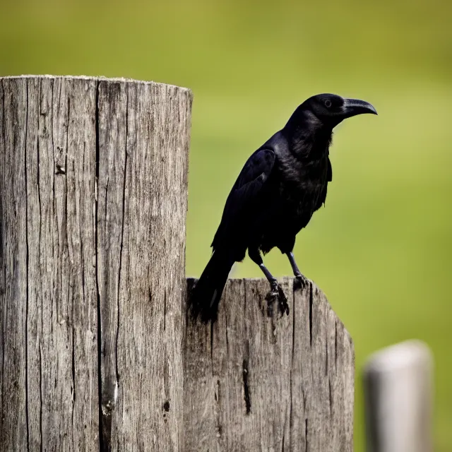 Prompt: a crow on a fence post, nature photography, wildlife photography canon, sony, nikon, olympus, 4 k, hd, 1 0 0 mm, depth of field
