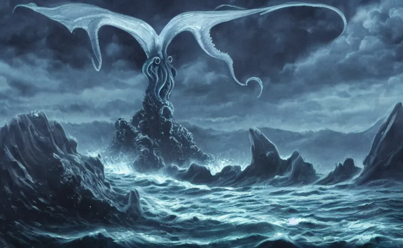 Image similar to cthulhu in the ocean looking up. matte painting. full color.