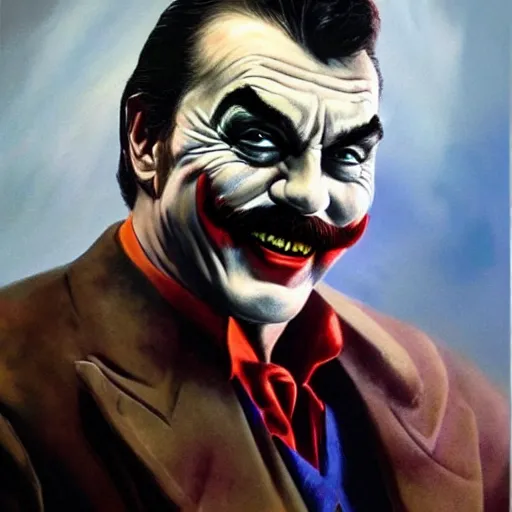 Image similar to ultra realistic portrait painting of tom selleck as the joker, art by frank frazetta, 4 k, ultra realistic, highly detailed, epic lighting