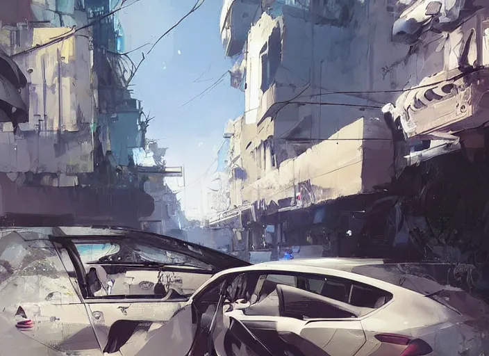 Prompt: a sedan car in a future city, on the street. style by simon bisley, ismail inceoglu, wadim kashin, filip hodas, benedick bana, and andrew atroshenko.