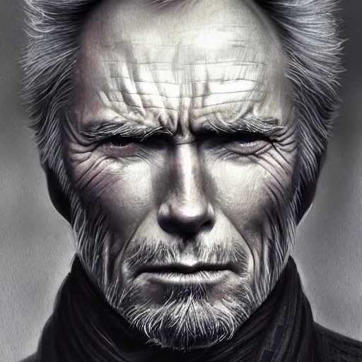 Prompt: character portrait of clint eastwood, lean face, cinematic lighting, glowing grey eyes, hyper - detailed, 4 k, high resolution, in the style of charlie bowater, tom bagshaw, single face, symmetrical, headshot photograph, insanely detailed and intricate, beautiful, elegant, watercolor, cinematic, portrait, raphaelite, headroom, pierre - auguste renoir