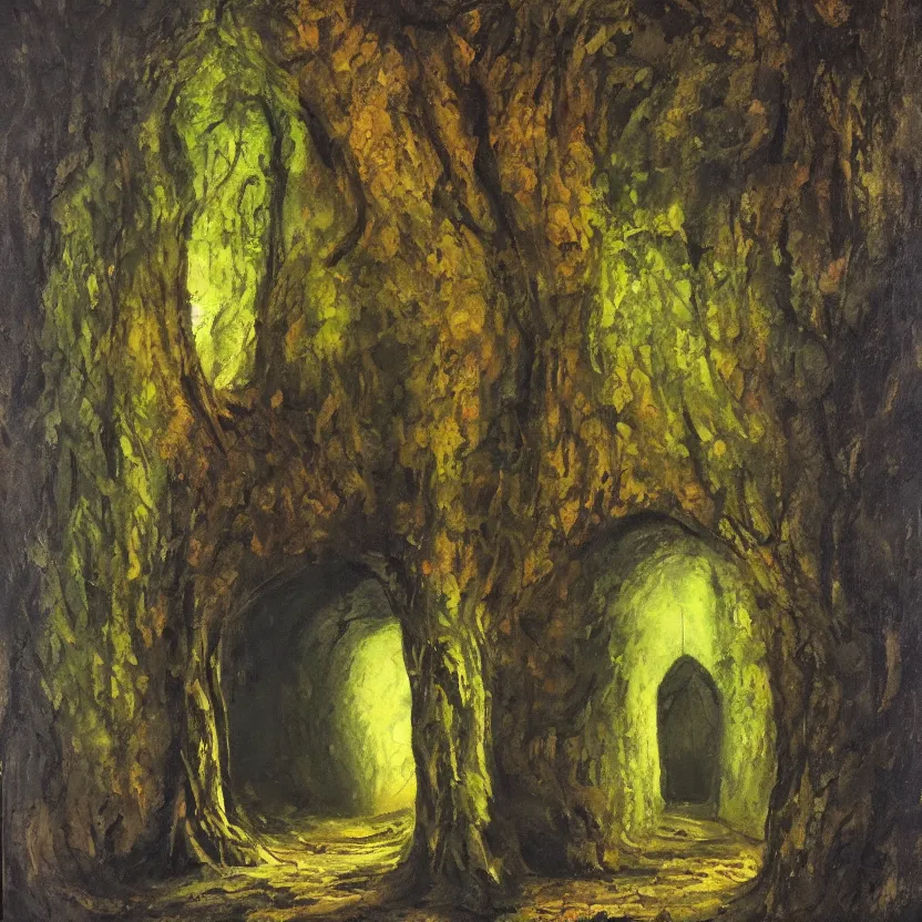 Image similar to the inside of a dark dungeon, looking outwards to a beautiful, colourful forest as a stone door slides down covering half of the entrance, oil painting
