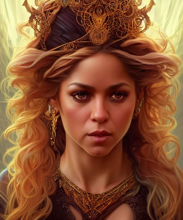 Prompt: Shakira as a fantasy magic woman portrait, sci-fi, amber eyes, face, long hair, fantasy, intricate, elegant, highly detailed, digital painting, artstation, concept art, smooth, sharp focus, illustration, art by artgerm and greg rutkowski and alphonse mucha