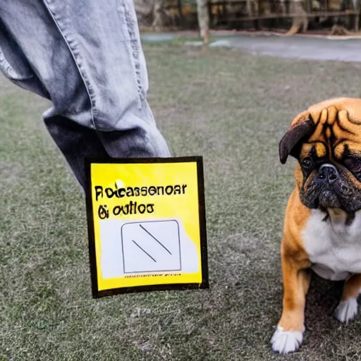 Image similar to professional photo of a dog holding a sign with a nuclear radiation warning on it skull and crossbones yellow three triangles