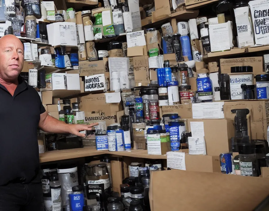 Image similar to Alex Jones inventing new conspiracy theories in his garage office, surrounded by boxes of herbal supplements, detailed photograph high quality