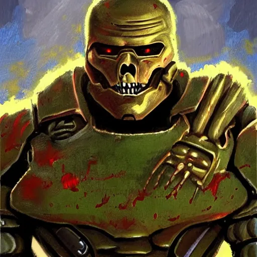 Image similar to portrait of a doomguy from doom, in his battle armor. he's a bodybuilder. visible biceps. gritty cyberpunk, messy blood. skeletons, corpses, monsters, bloated warhammer creatures. combat armor, exoskeleton. game cinematic still. digital illustration by frank frazetta. oil painting, highly detailed, centered, artgerm