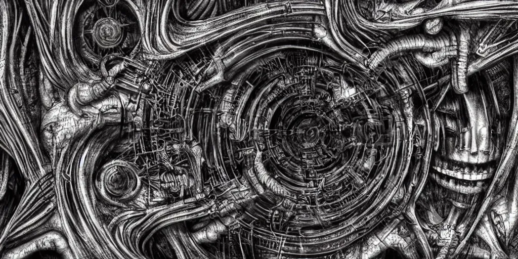 Image similar to the worst nightmare of h. r. giger, symmetrical, clear, focus, dof, underworld, hellish, esoteric, occult, secret