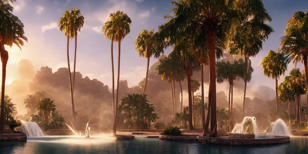 Image similar to beautiful oasis waterfalls surrounded by palm trees, moroccan tile archways, date trees, ivory towers, sun setting, ross tran, nephilim, pyroclastic flow, ethereal, fantasy, james jean, oozium, peter morbacher angelarium alchemy luxury heavenly light soft illumination, trending on artstation, cinematic lighting, digital painting, octane render, artgerm