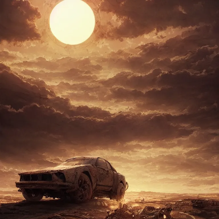 Image similar to A car trudging across a vast desert under an unrelenting sun. award winning. superb resolution. in the art style of greg rutkowski and alphonse mucha. Detailed post-apocalyptic wasteland in background. Hyper realistic. Perfect art.