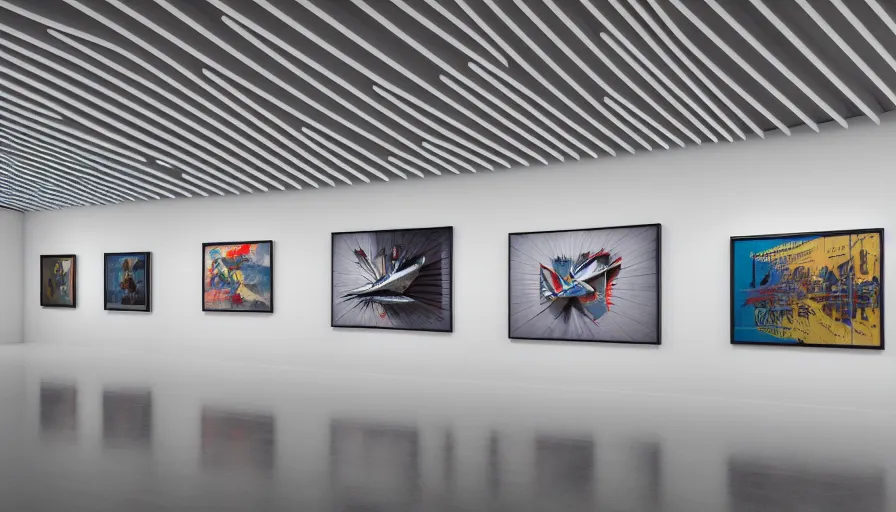 Prompt: interior futuristic art gallery wide angle highly detailed by santiago calatrava, three wall hanging paintings famous pieces by banksy!, captivating 8 k hdr, octane render godrays hyperrealism