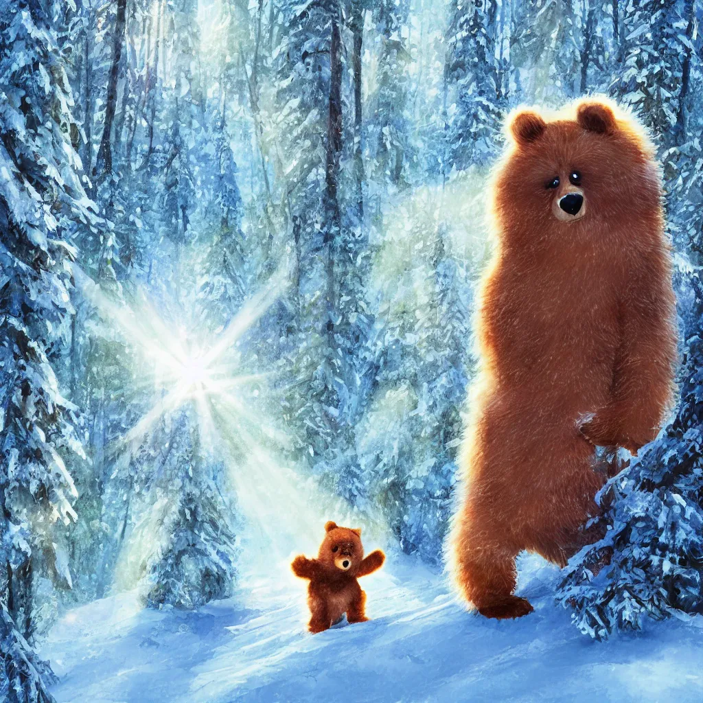 Image similar to a cute humanoid fluffy fur bear cub standing on ski skiing down the hill through a snowy forrest in, light rays are shining through the trees above, magical environment, beautiful light. trending on artstation 4 k award in winning artwork. vivid colors. detailed painting. kids book illustration.