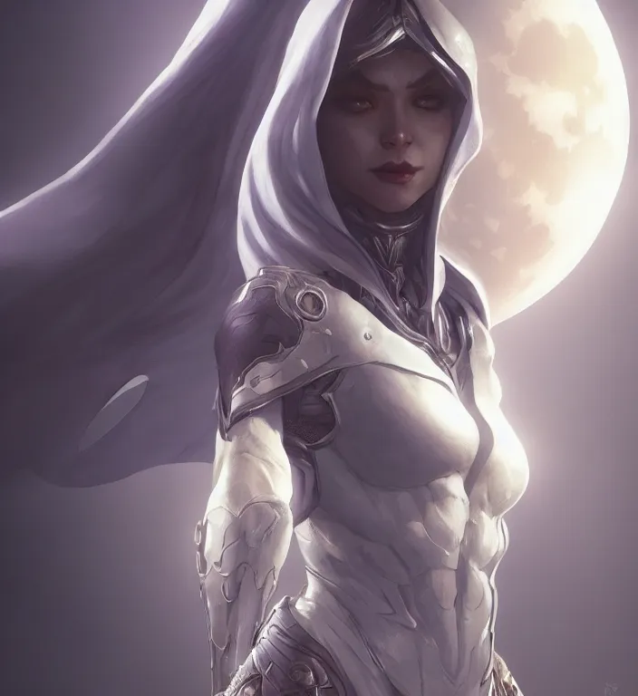 Image similar to female moon knight, hyper detailed, digital art, trending in artstation, cinematic lighting, studio quality, smooth render, unreal engine 5 rendered, octane rendered, art style by klimt and nixeu and ian sprigger and wlop and krenz cushart