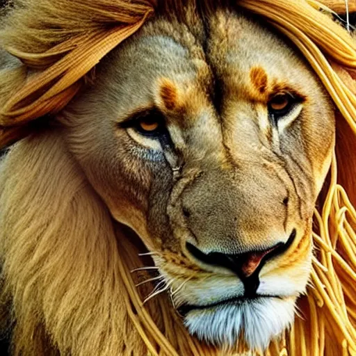 Prompt: a lion made of spaghetti, spaghetti, constructed of spaghetti noodles, realistic photograph