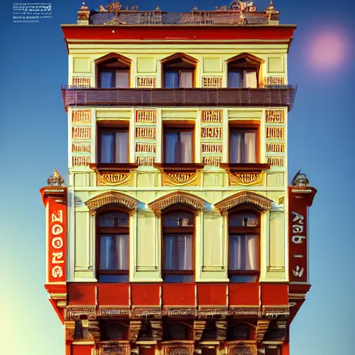 Prompt: wes anderson lviv building facade highly detailed, photo, artstation, 3 d render, sharp focus, art by tokiolab and alphonse mucha, 8 k, ultra realistic, lens flare, glow, soft lighting, hyperrealistic, unreal engine