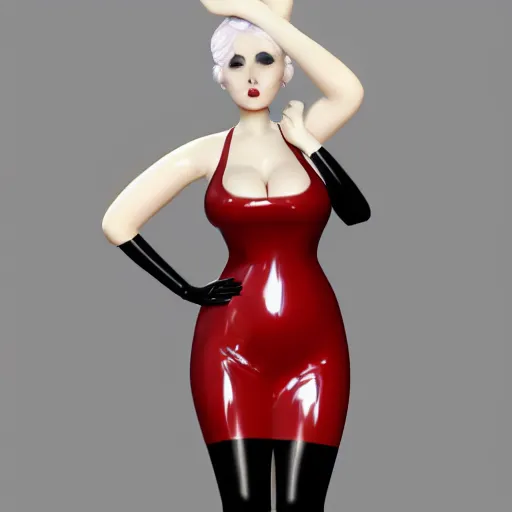 Prompt: a curvy feminine pale cutie in a red-black latex tight tube-top dress, with a thin waist, black rubber stockings, polished, sequins, pleats, cgsociety, photorealistic, sublime-comfy-elegant ambience, 16k, smooth, sharp focus, trending on ArtStation, volumetric lighting, fully clothed, worksafe